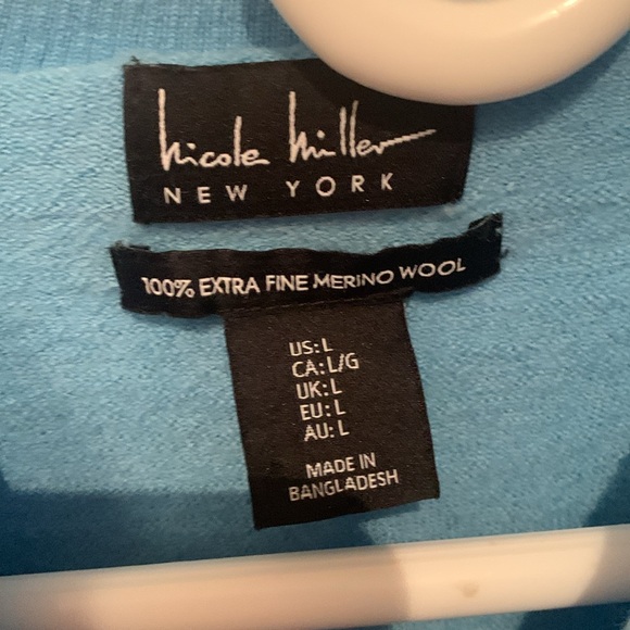 Stunning Light Aqua Nicole Miller Diagonal Cut 100% Merino Wool Crewneck SZ L😍 - Picture 2 of 8